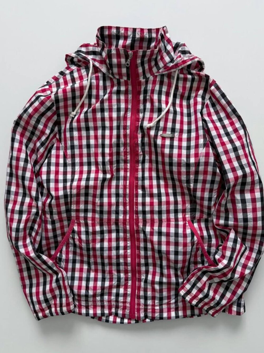 Vintage Plaid Windbreaker Jacket – Red Black White Checkered Hooded Lightweight - Picture 2 of 4